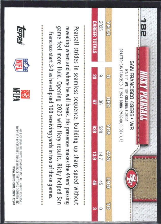 2026 Topps Flagship Football Ricky Pearsall #182 – baksida