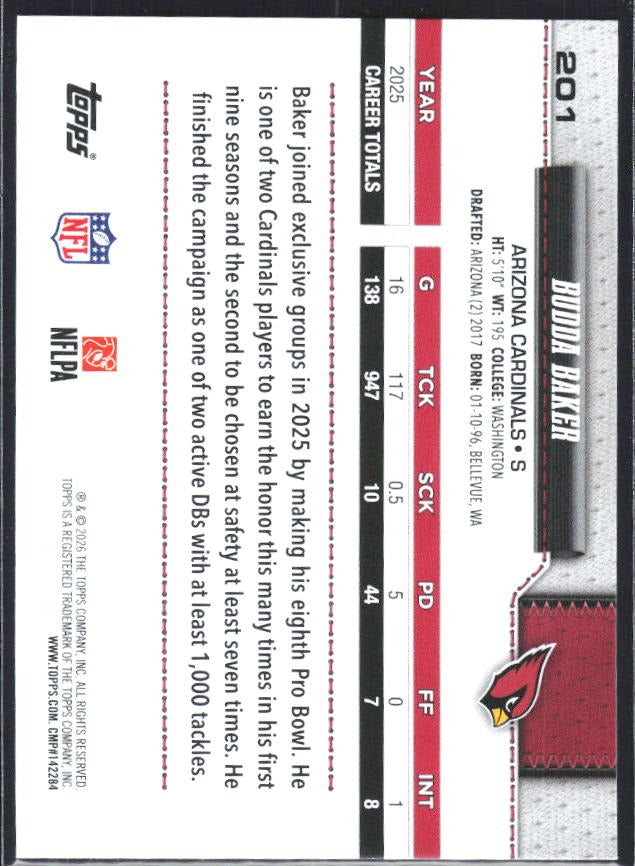 2026 Topps Flagship Football Budda Baker #201 – baksida