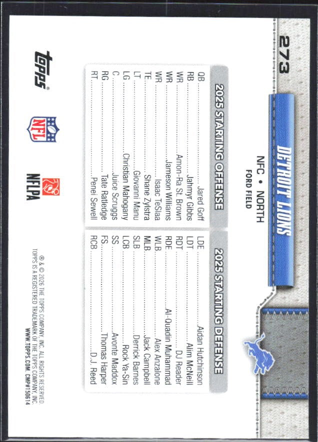 2026 Topps Flagship Football Detroit Lions #273 – baksida