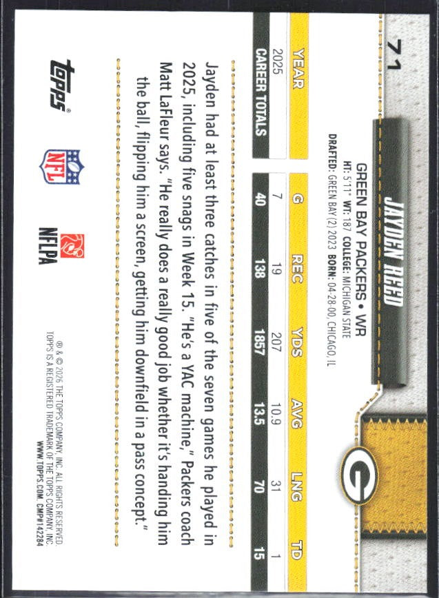 2026 Topps Flagship Football Jayden Reed #71 – baksida