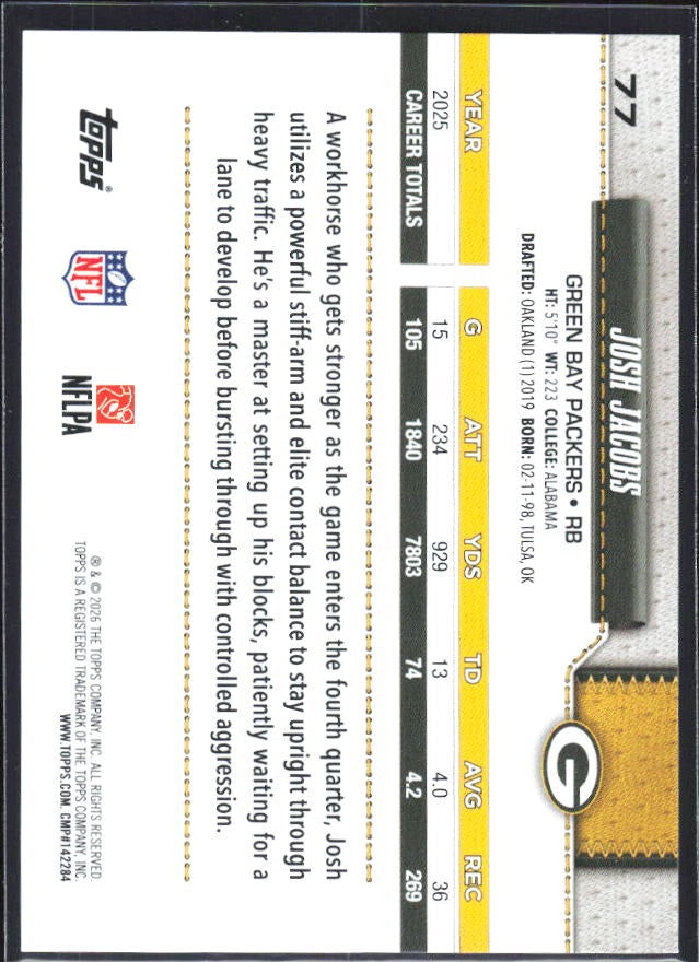 2026 Topps Flagship Football Josh Jacobs #77 – baksida