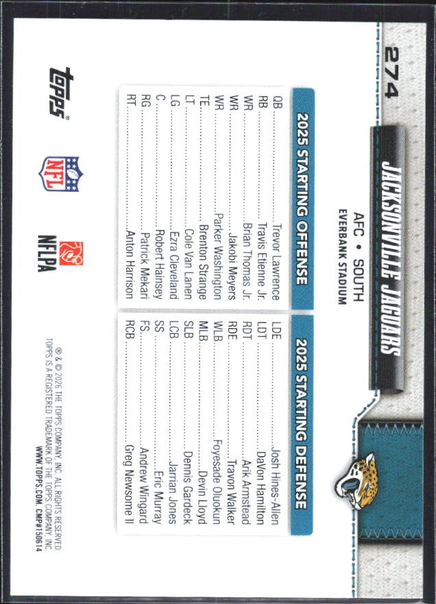 2026 Topps Flagship Football Jacksonville Jaguars #274 – baksida