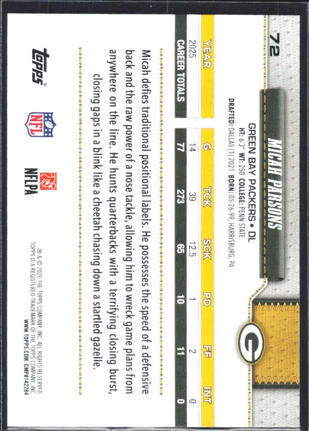 2026 Topps Flagship Football Micah Parsons #72 – baksida