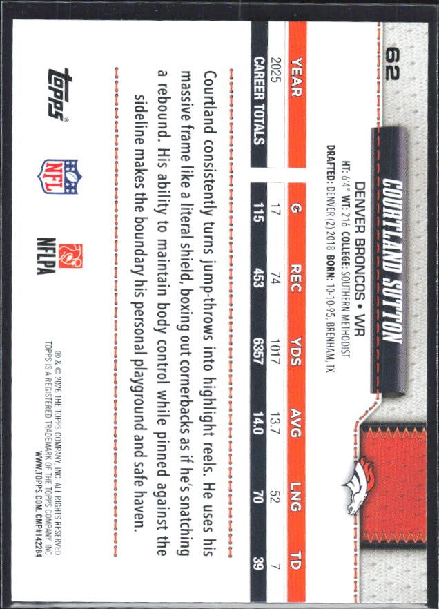 2026 Topps Flagship Football Courtland Sutton #62 – baksida