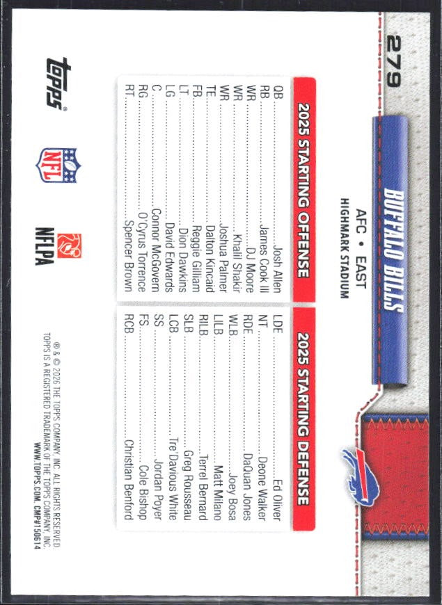 2026 Topps Flagship Football Buffalo Bills #279 – baksida