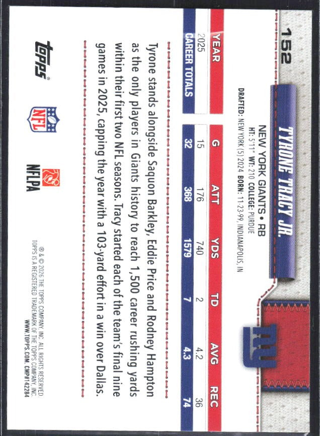 2026 Topps Flagship Football Tyrone Tracy Jr. #152 – baksida