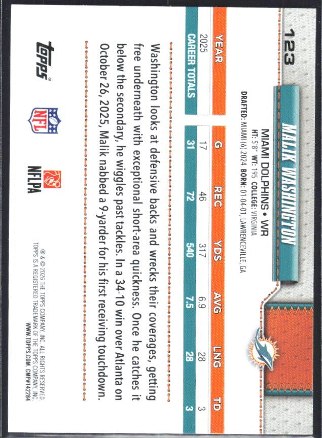 2026 Topps Flagship Football Malik Washington #123 – baksida