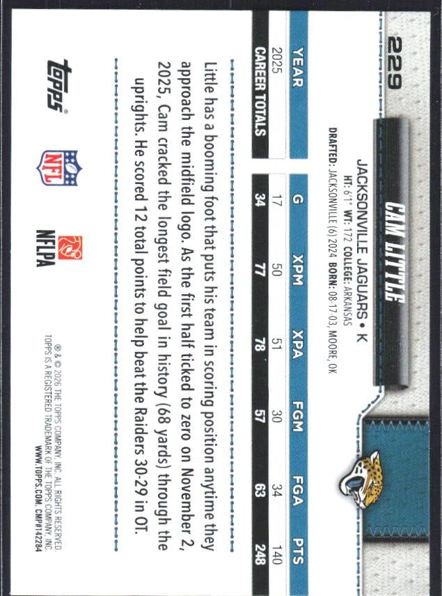 2026 Topps Flagship Football Cam Little #229 – baksida