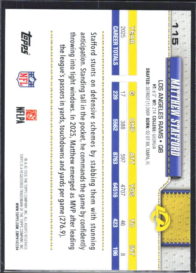 2026 Topps Flagship Football Matthew Stafford #115 – baksida