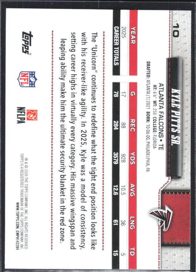 2026 Topps Flagship Football Kyle Pitts Sr. #10 – baksida