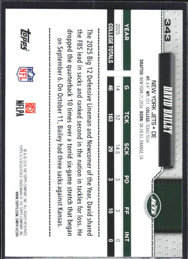 2026 Topps Flagship Football David Bailey RC #343 – baksida