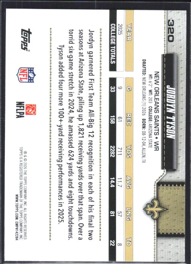 2026 Topps Flagship Football Jordyn Tyson RC #320 – baksida