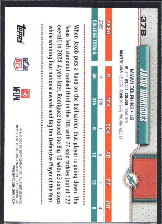 2026 Topps Flagship Football Jacob Rodriguez RC #378 – baksida