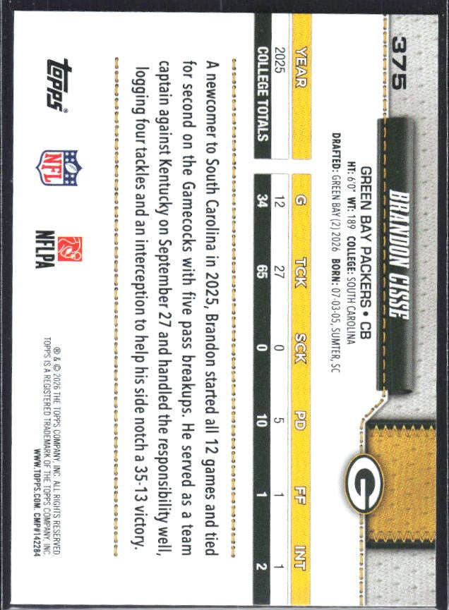 2026 Topps Flagship Football Brandon Cisse RC #375 – baksida