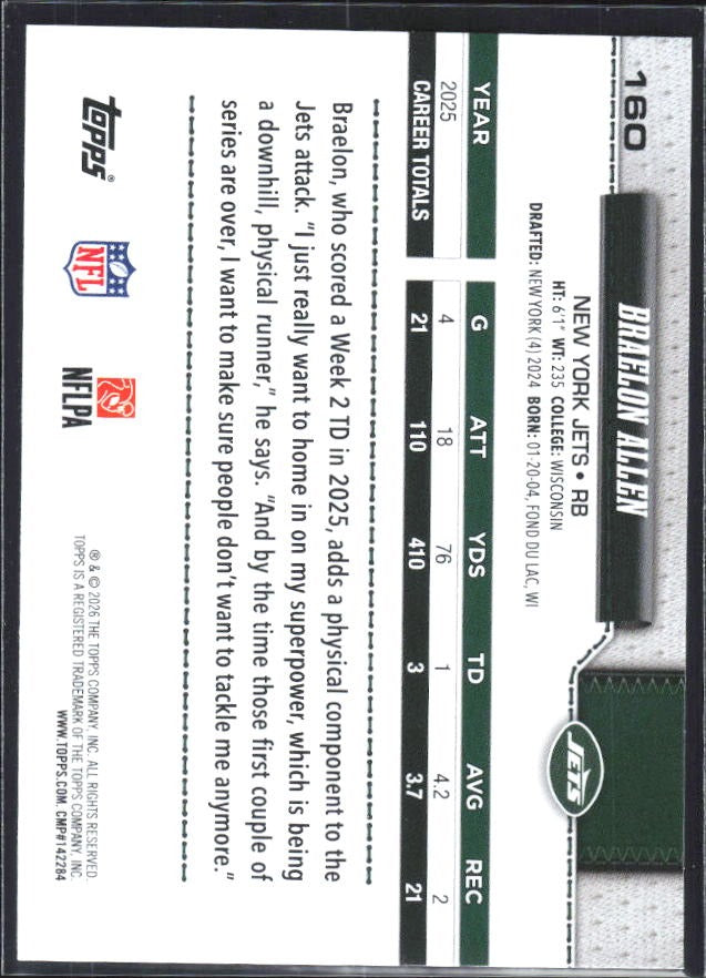 2026 Topps Flagship Football Braelon Allen #160 – baksida