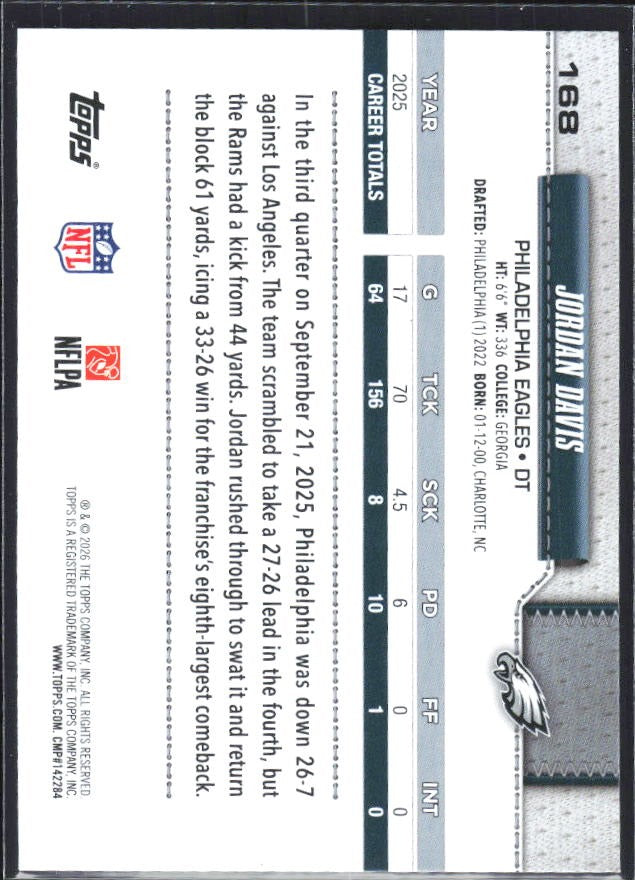 2026 Topps Flagship Football Jordan Davis #168 – baksida