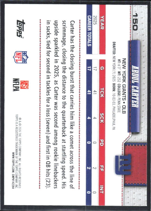 2026 Topps Flagship Football Abdul Carter #150 – baksida