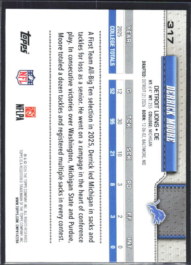 2026 Topps Flagship Football Derrick Moore RC #317 – baksida