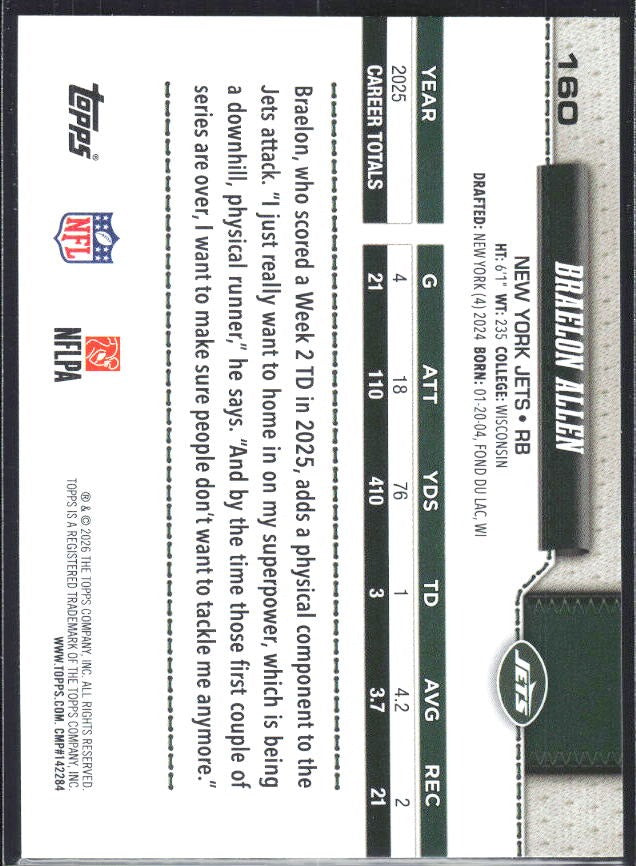 2026 Topps Flagship Football Braelon Allen #160 – baksida