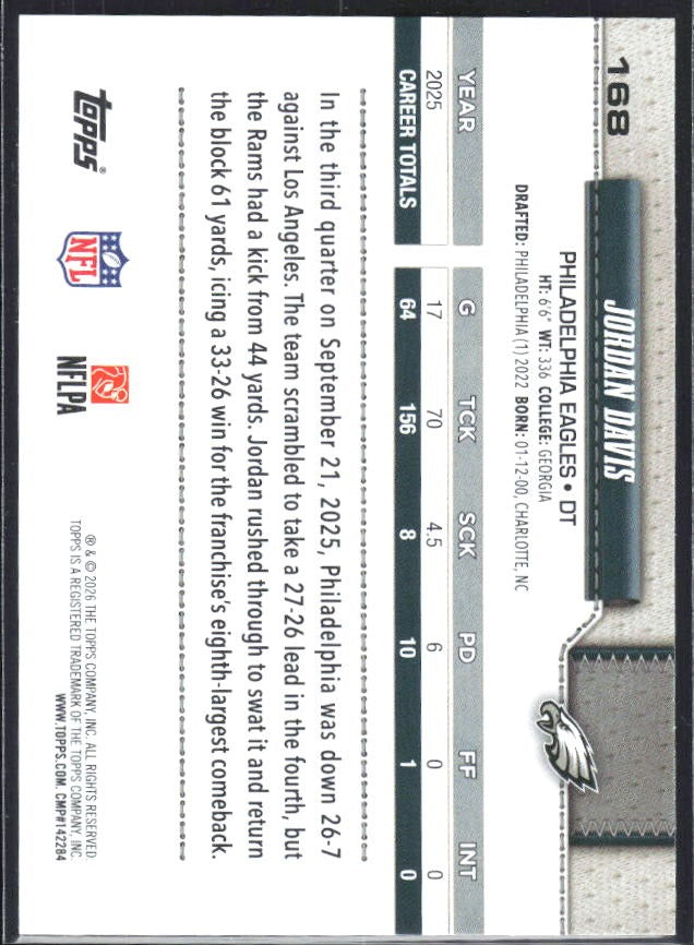 2026 Topps Flagship Football Jordan Davis #168 – baksida