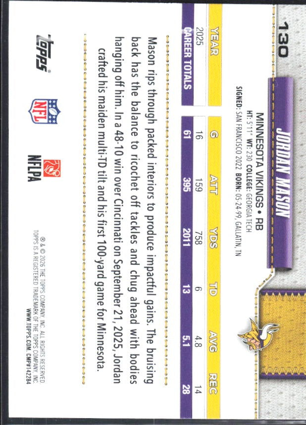 2026 Topps Flagship Football Jordan Mason #130 – baksida