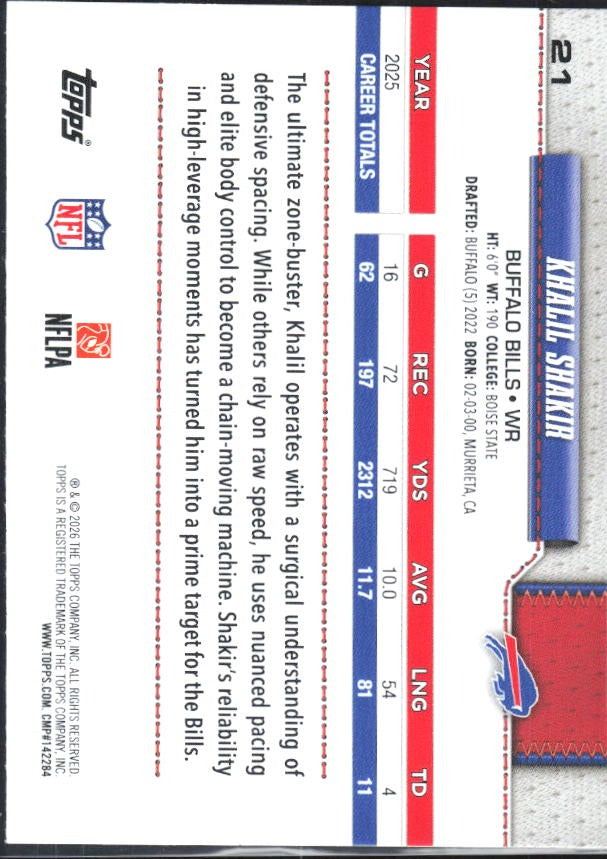 2026 Topps Flagship Football Khalil Shakir #21 – baksida