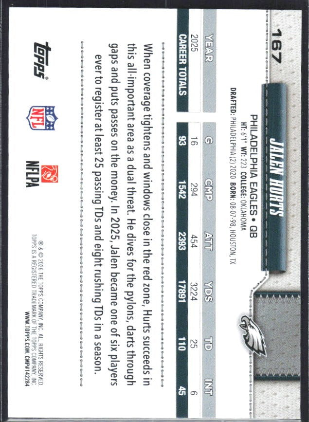 2026 Topps Flagship Football Jalen Hurts #167 – baksida