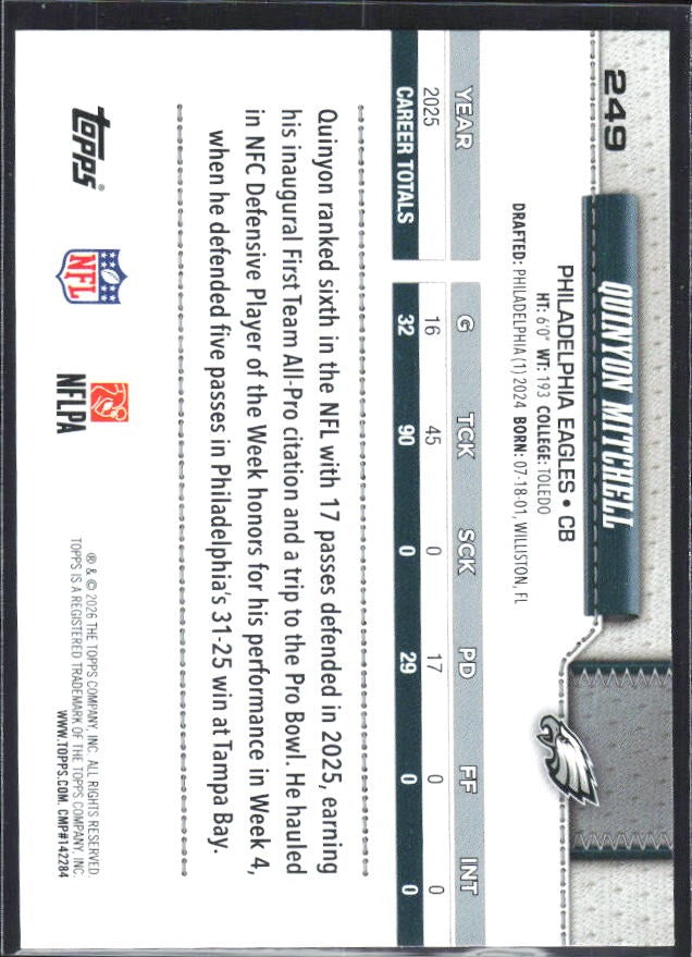 2026 Topps Flagship Football Quinyon Mitchell #249 – baksida