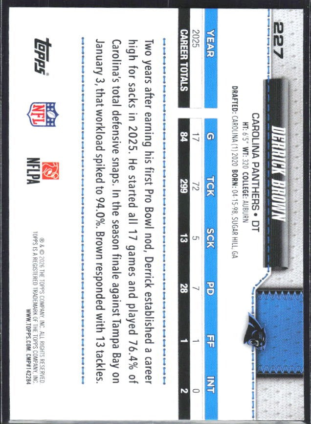 2026 Topps Flagship Football Derrick Brown #227 – baksida