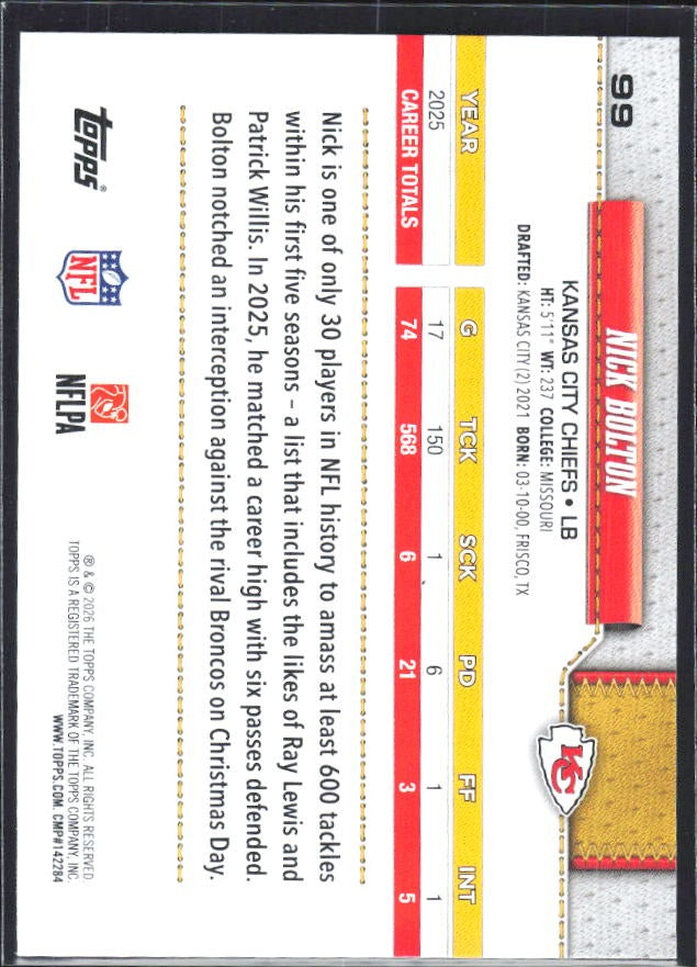2026 Topps Flagship Football Nick Bolton #99 – baksida