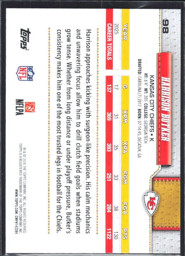 2026 Topps Flagship Football Harrison Butker #98 – baksida