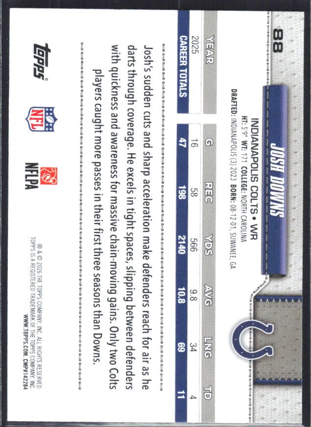 2026 Topps Flagship Football Josh Downs #88 – baksida