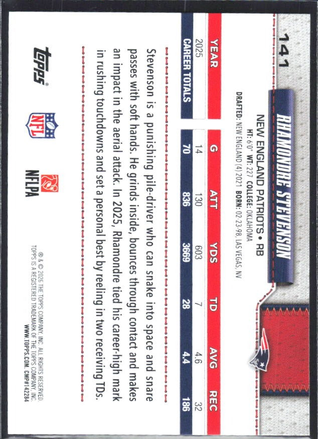 2026 Topps Flagship Football Rhamondre Stevenson #141 – baksida