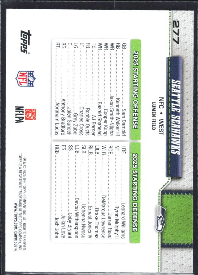 2026 Topps Flagship Football Seattle Seahawks #277 – baksida