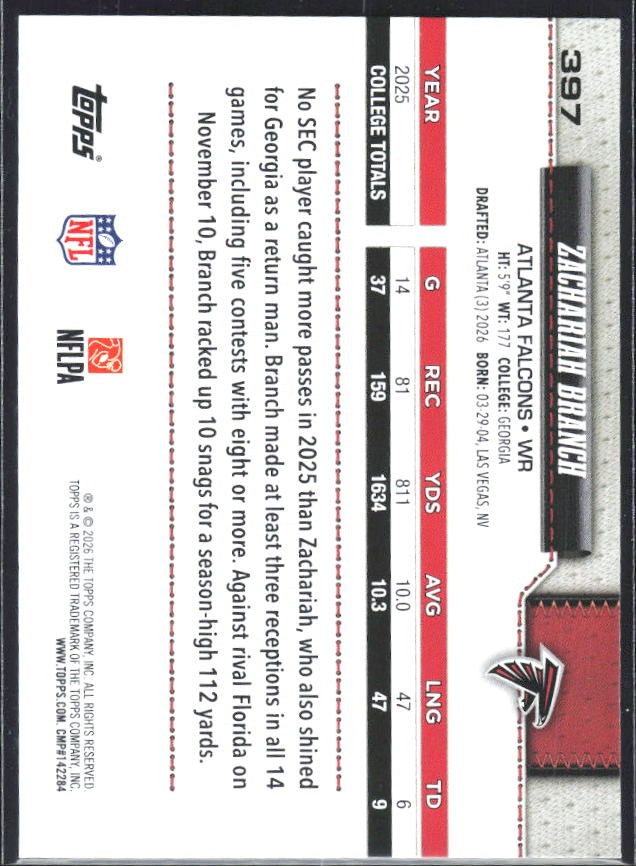 2026 Topps Flagship Football Zachariah Branch RC #397 – baksida