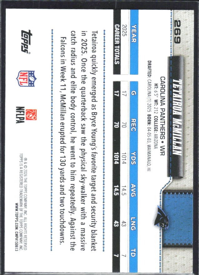 2026 Topps Flagship Football Tetairoa McMillan Future Stars #269 – baksida