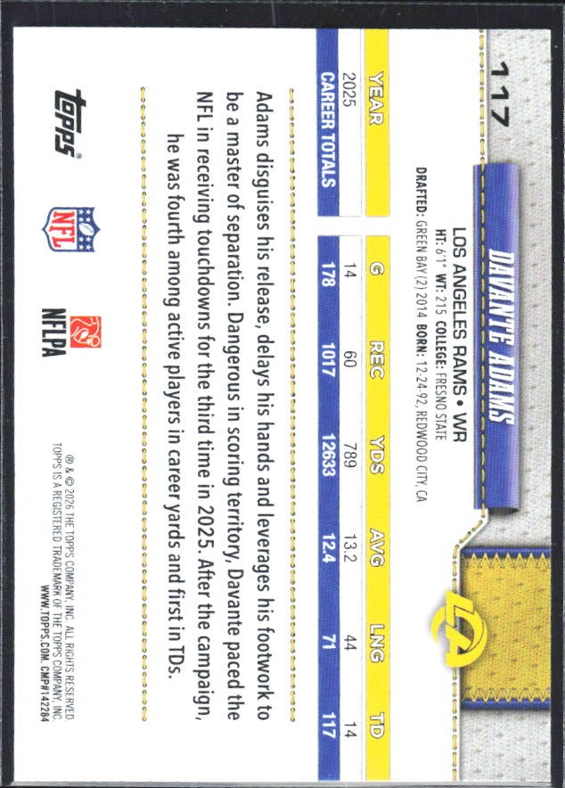 2026 Topps Flagship Football Davante Adams #117 – baksida