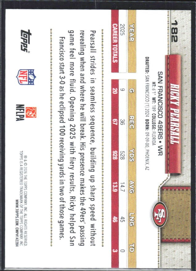 2026 Topps Flagship Football Ricky Pearsall #182 – baksida