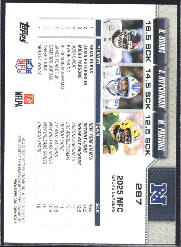 2026 Topps Flagship Football NFC Sack Leaders (Aidan Hutchinson / Brian Burns / Micah Parsons) #287 – baksida
