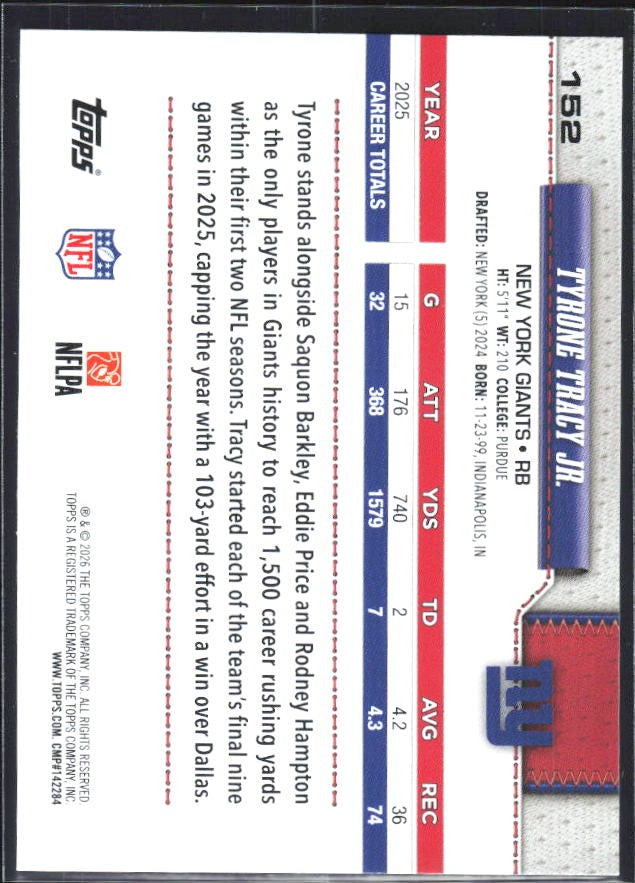2026 Topps Flagship Football Tyrone Tracy Jr. #152 – baksida