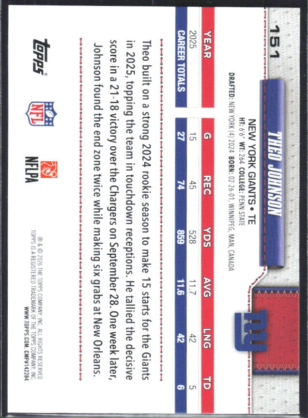 2026 Topps Flagship Football Theo Johnson #151 – baksida