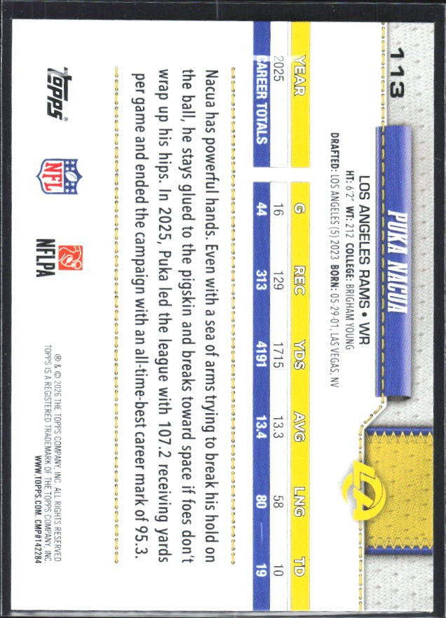 2026 Topps Flagship Football Puka Nacua #113 – baksida