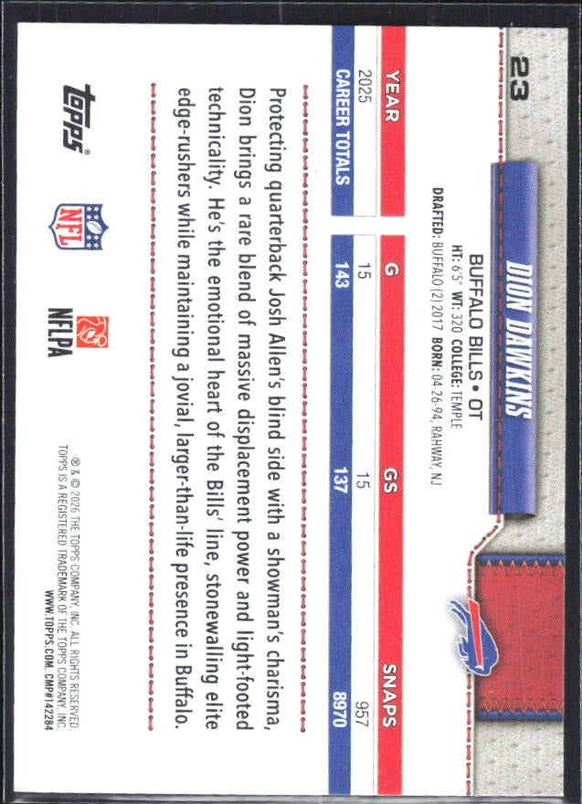 2026 Topps Flagship Football Dion Dawkins #23 – baksida