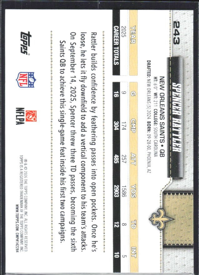 2026 Topps Flagship Football Spencer Rattler #243 – baksida