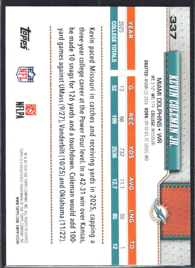 2026 Topps Flagship Football Kevin Coleman Jr. RC #337 – baksida