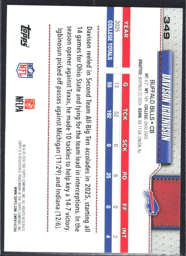 2026 Topps Flagship Football Davison Igbinosun RC #349 – baksida