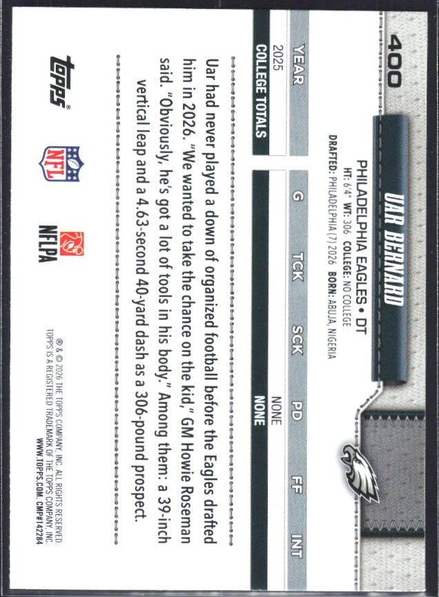 2026 Topps Flagship Football Uar Bernard RC #400 – baksida