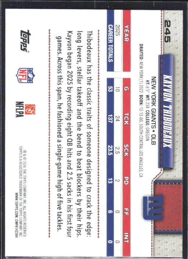 2026 Topps Flagship Football Kayvon Thibodeaux #245 – baksida