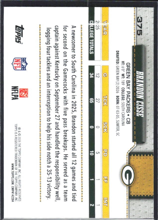 2026 Topps Flagship Football Brandon Cisse RC #375 – baksida