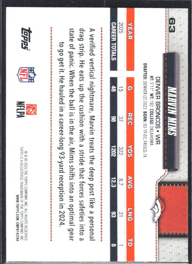 2026 Topps Flagship Football Marvin Mims #63 – baksida